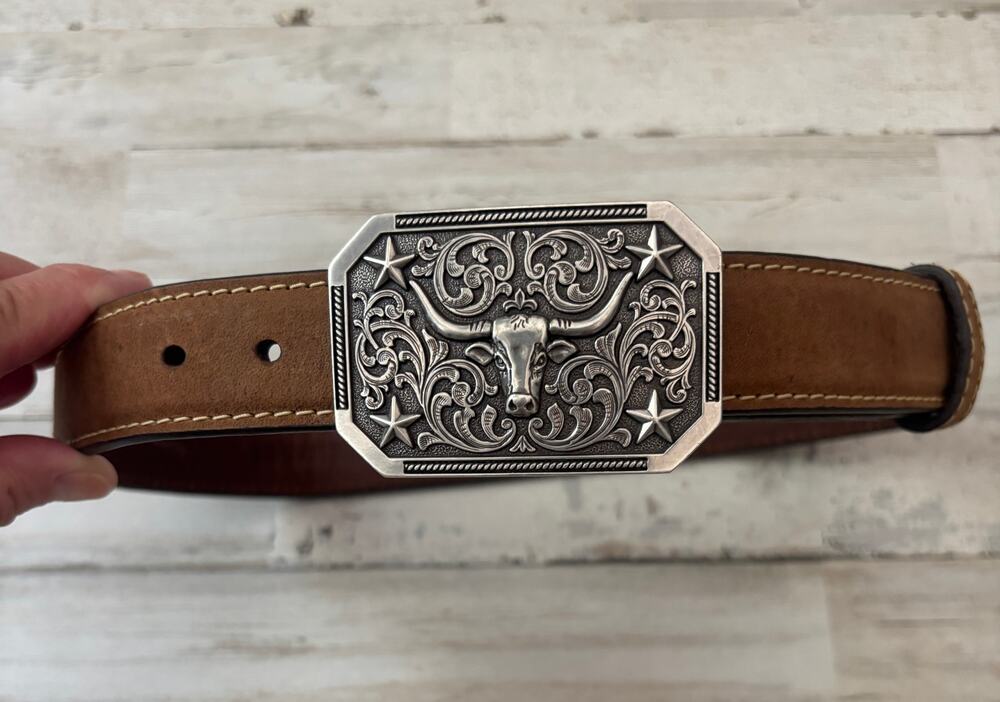 Leather Kid's Brown Western Longhorn Buckle Belt sz 24